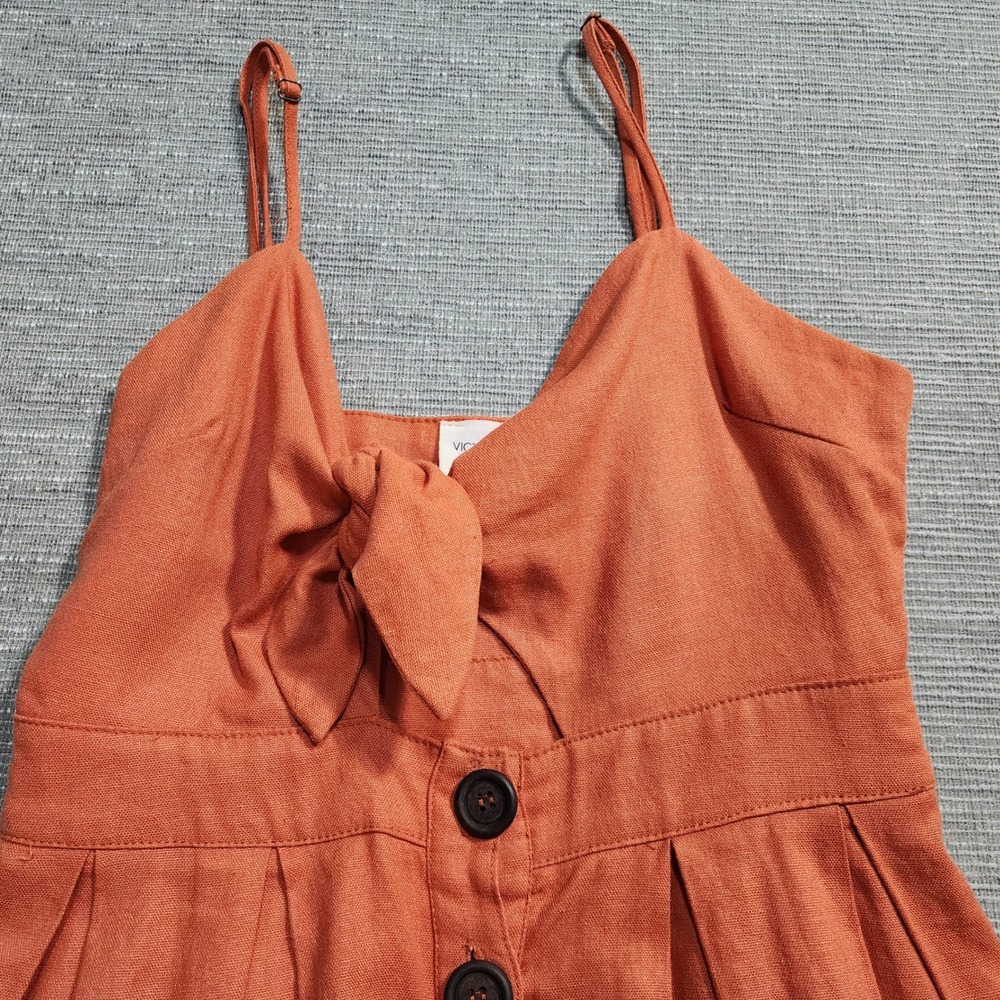 Victoria + Sophia Burnt Orange Linen Blend Tie Front Button Midi Dress Small - Picture 2 of 10